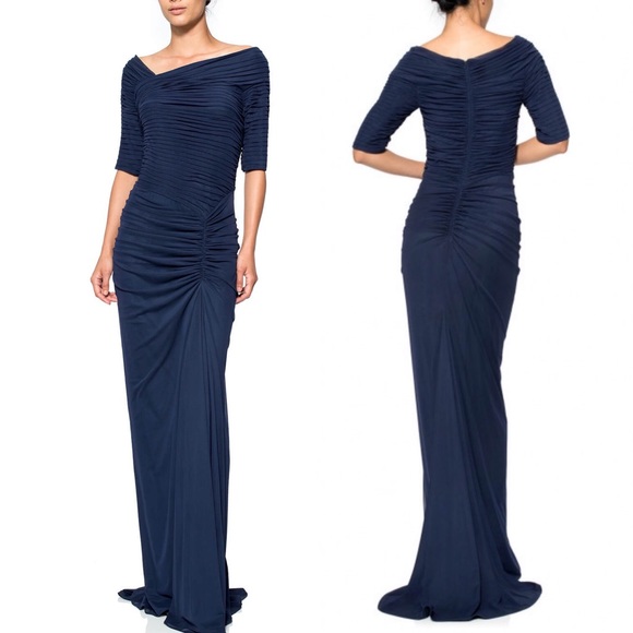 Tadashi Shoji Asymmetrical Ruched Mesh Gown - Picture 2 of 7